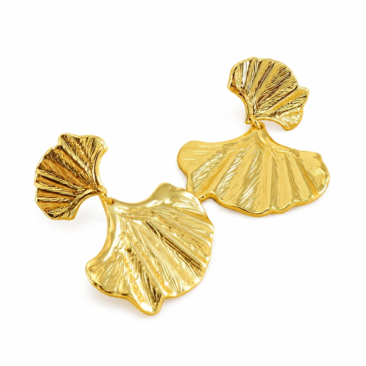 Sculptural Gold-Plated Ribbed Ginkgo Leaf Drop Earrings