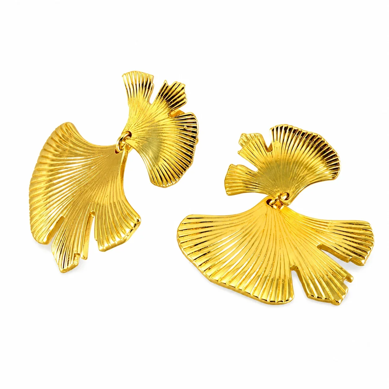 Sculptural Gold-Plated Ribbed Ginkgo Leaf Drop Earrings