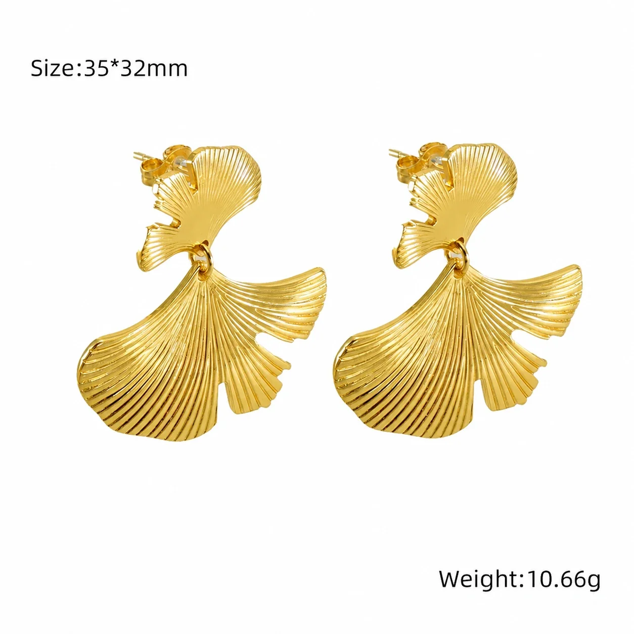 Sculptural Gold-Plated Ribbed Ginkgo Leaf Drop Earrings - Gold