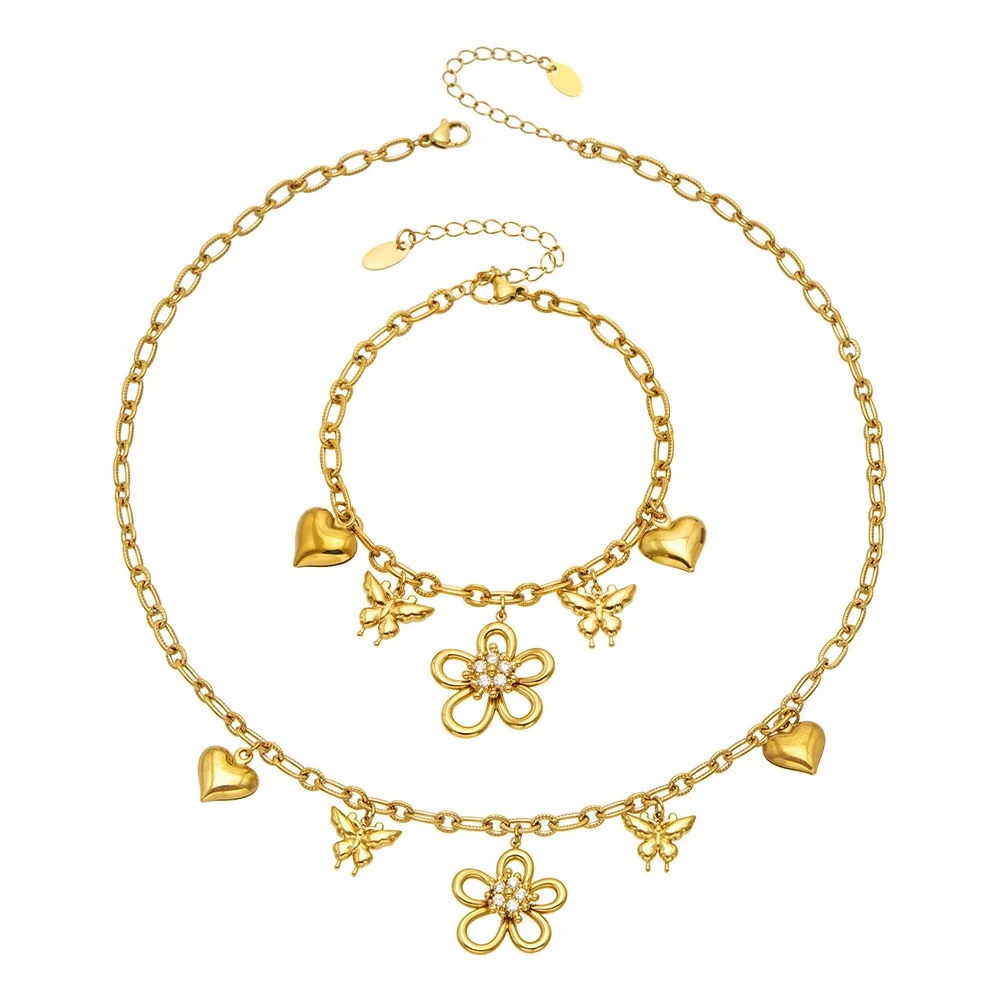 Charm Flower 316 Stainless Steel Paperclip PVD Jewelry Set
