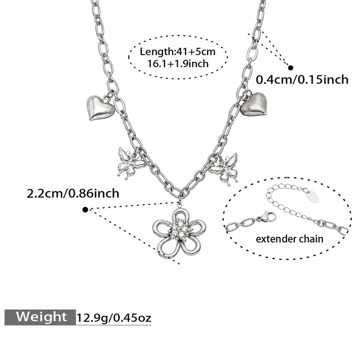 Charm Flower 316 Stainless Steel Paperclip Jewelry Set - Silver 41+5 cm