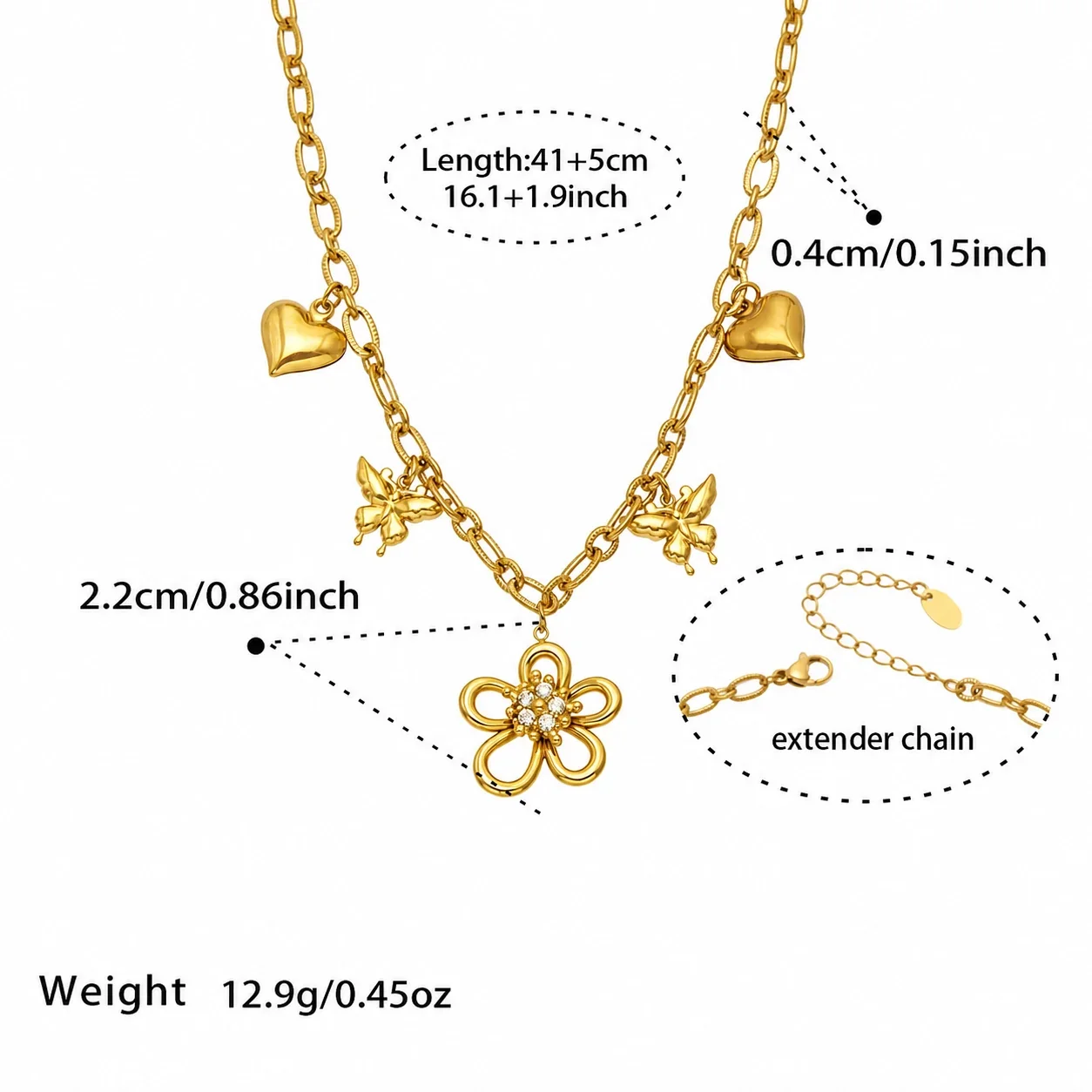 Charm Flower 316 Stainless Steel Paperclip Jewelry Set - Gold 41+5 cm