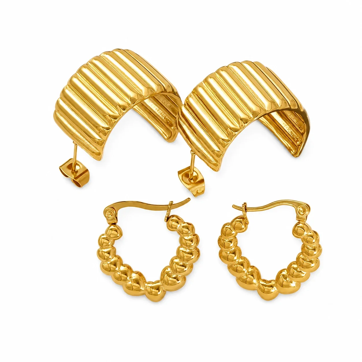 Sculptural Gold-Plated Ribbed Cuff & Heart Hoop Earrings