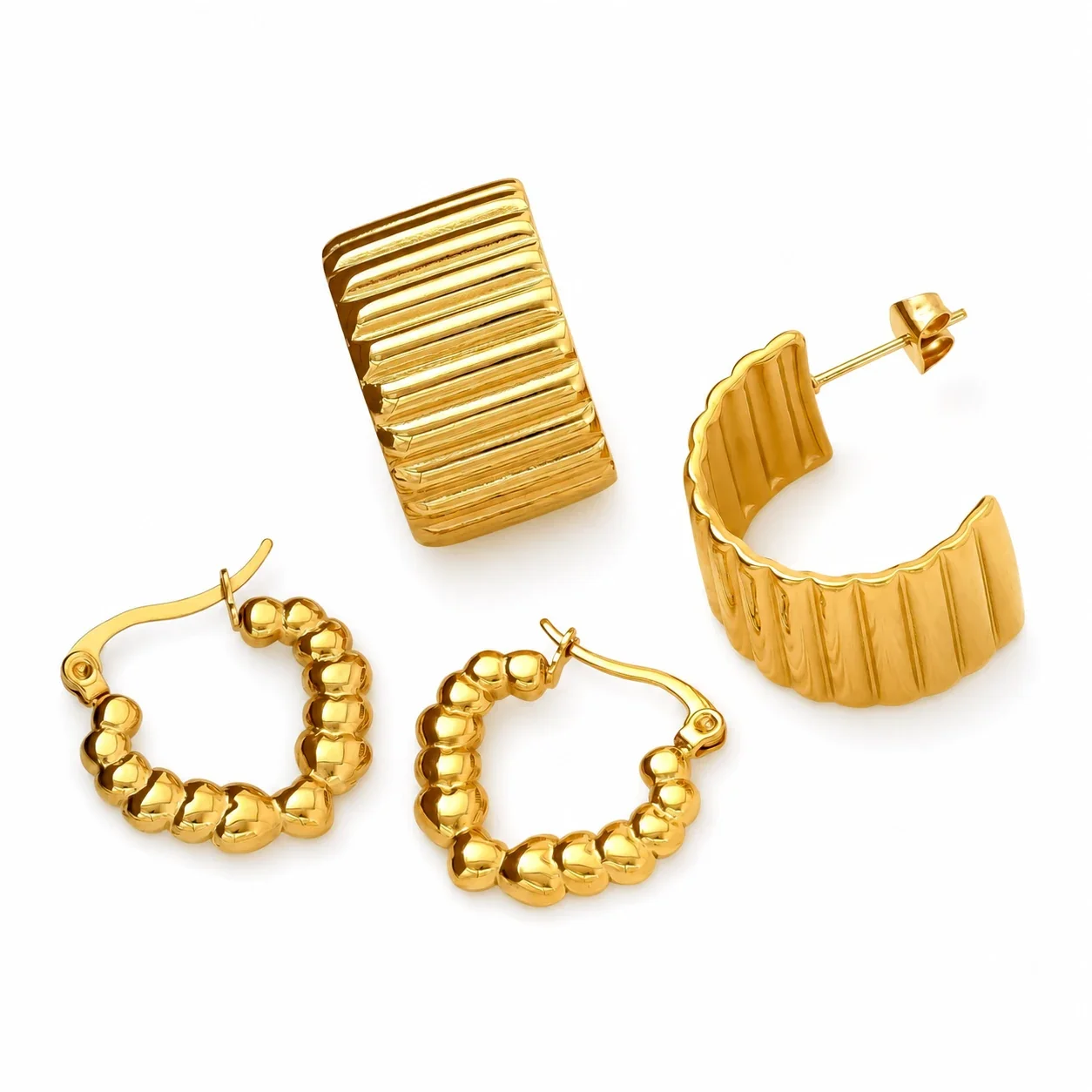 Sculptural Gold-Plated Ribbed Cuff & Heart Hoop Earrings