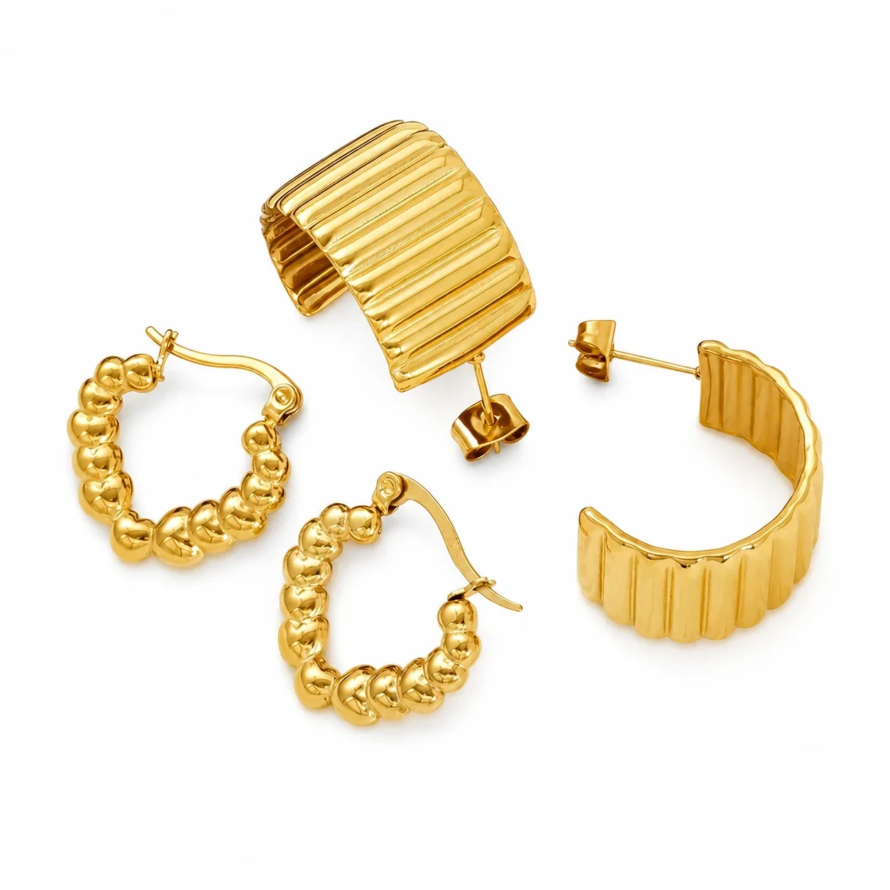 Sculptural Gold-Plated Ribbed Cuff & Heart Hoop Earrings