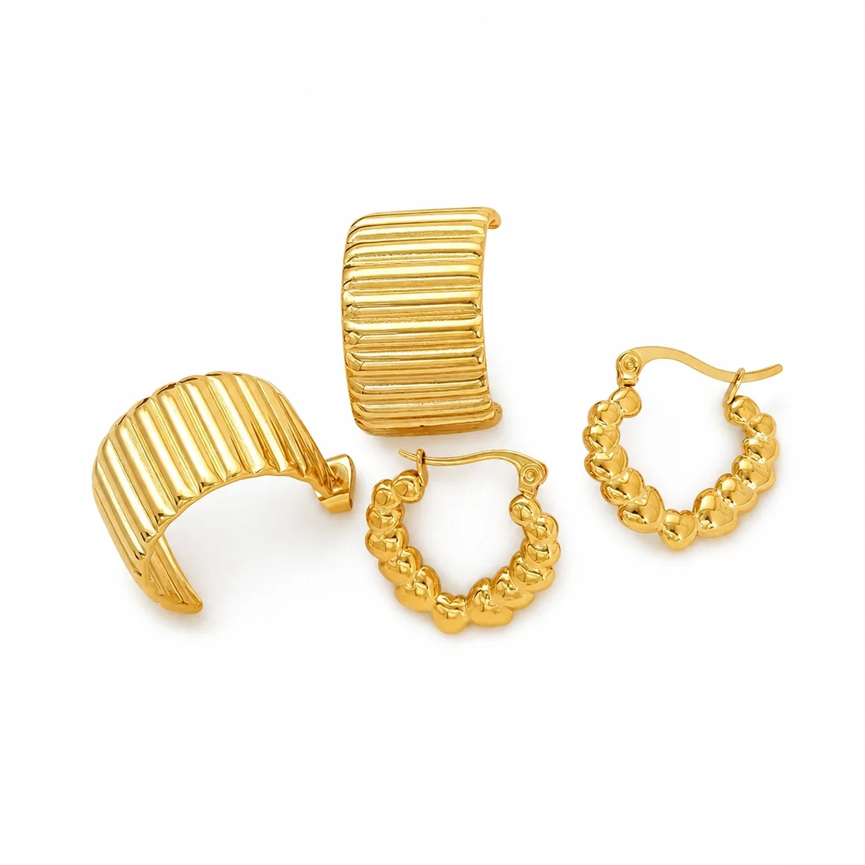 Sculptural Gold-Plated Ribbed Cuff & Heart Hoop Earrings