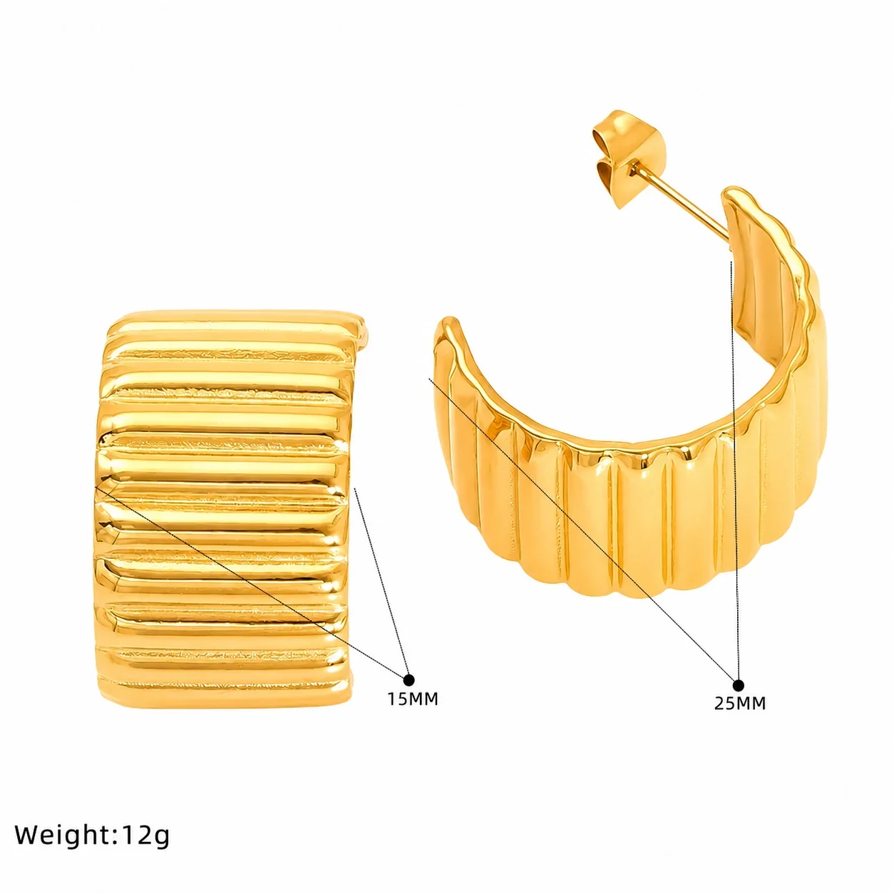 Sculptural Gold-Plated Ribbed Cuff & Heart Hoop Earrings - Gold Ribbed