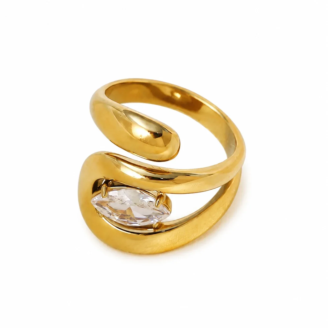Open Ring with Marquise Prong-Set CZ Gold-Plated Steel