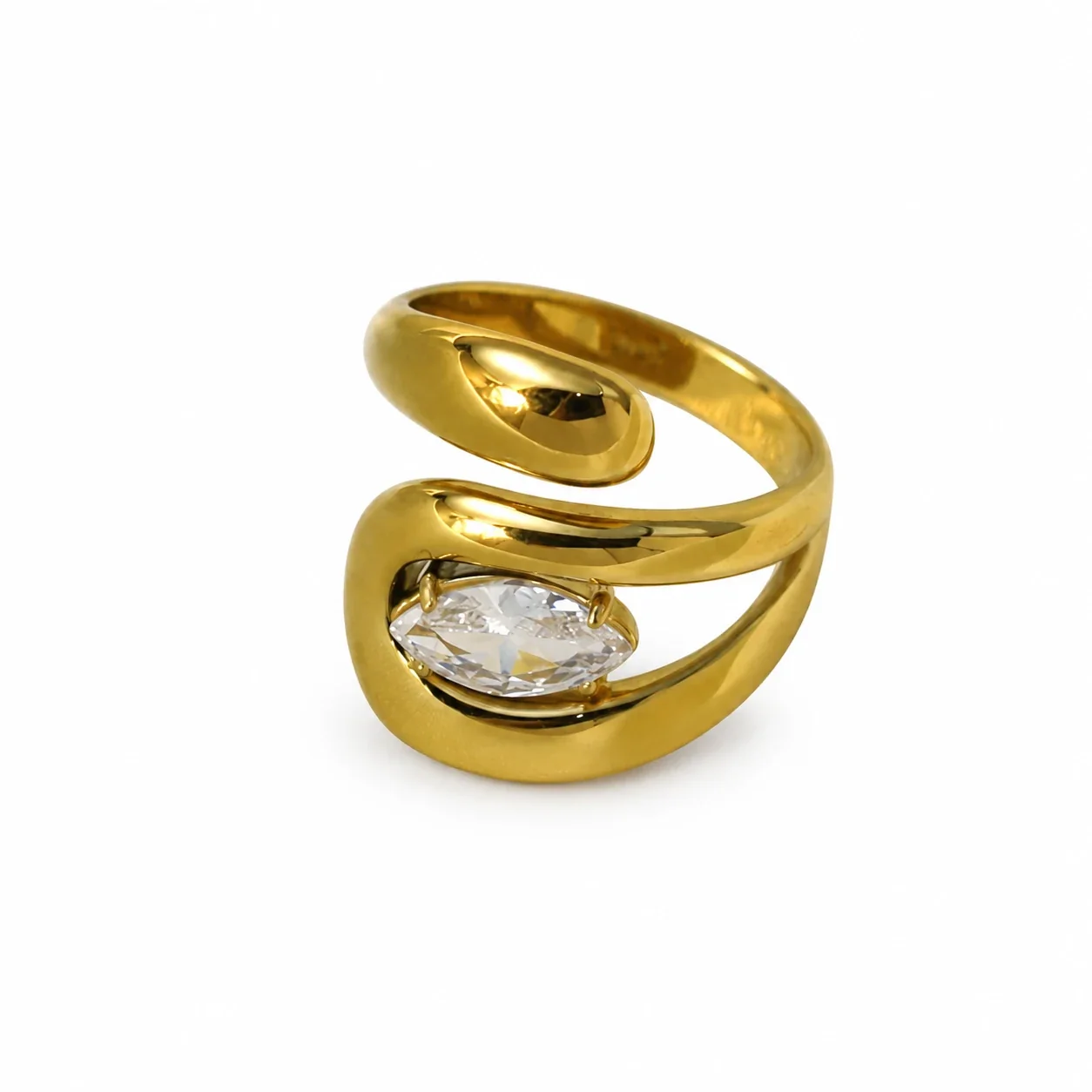 Open Ring with Marquise Prong-Set CZ Gold-Plated Steel
