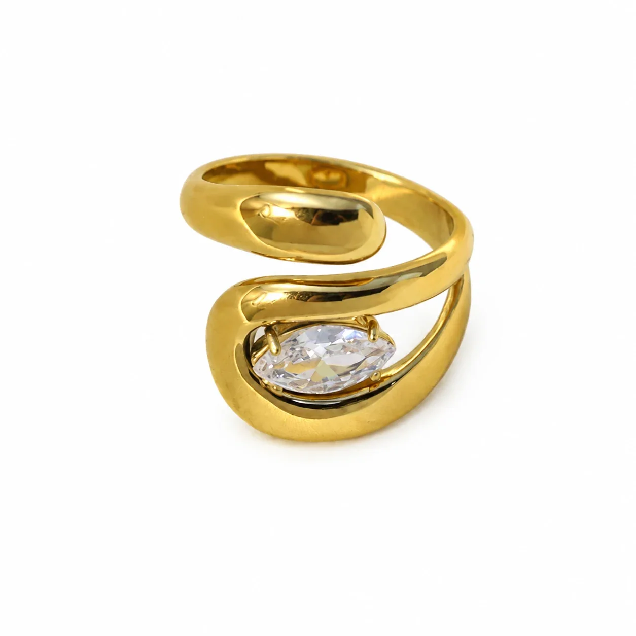 Open Ring with Marquise Prong-Set CZ Gold-Plated Steel
