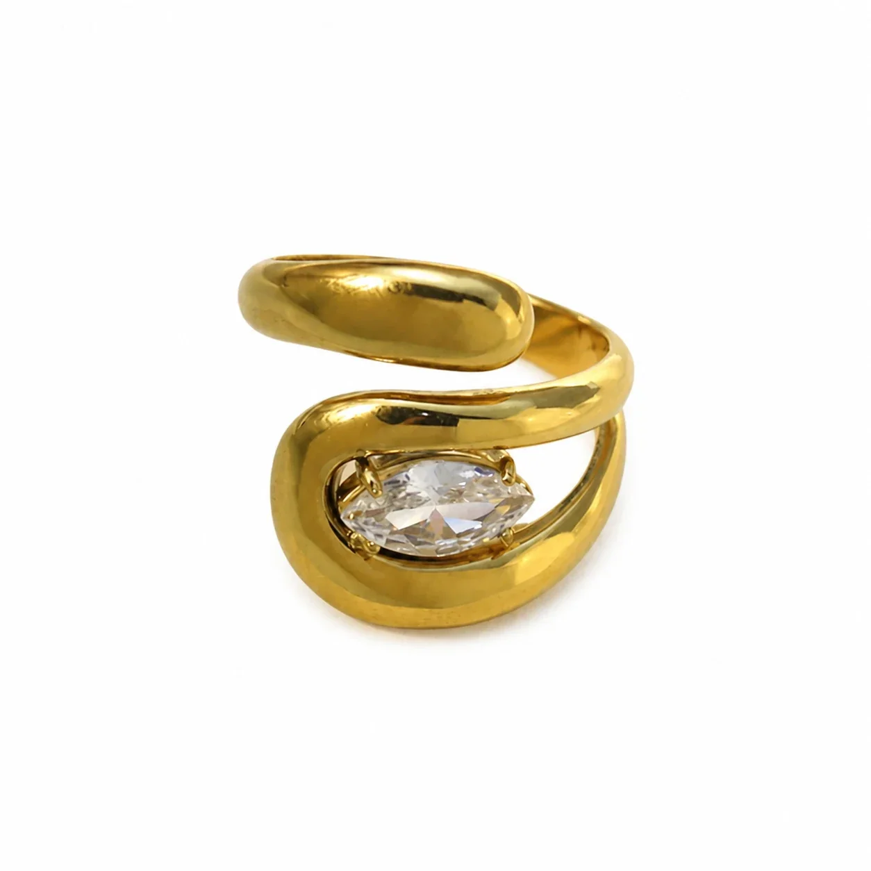 Open Ring with Marquise Prong-Set CZ Gold-Plated Steel
