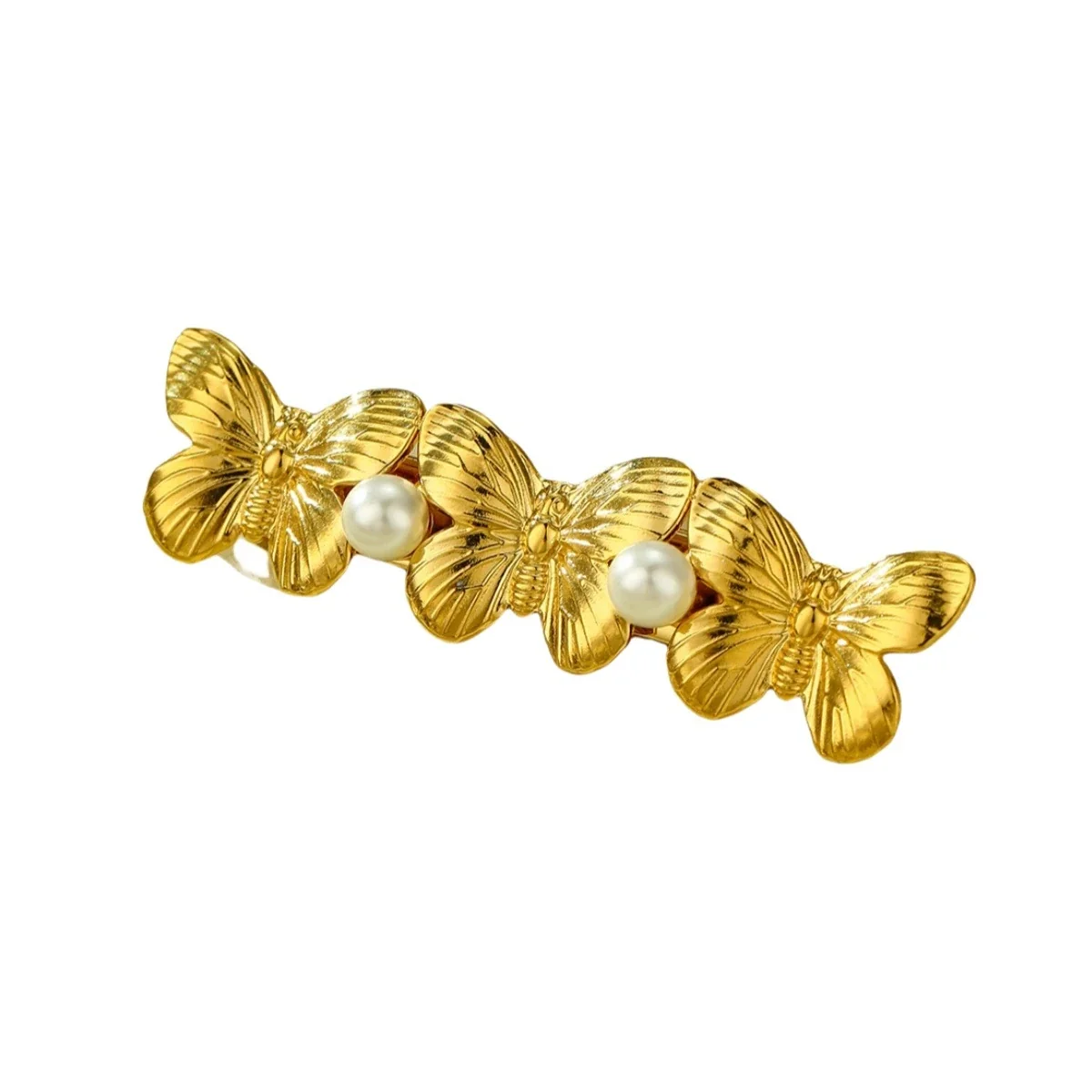 Hair Clips with Butterfly, Shell and Pearl 18K Gold-Plated Steel