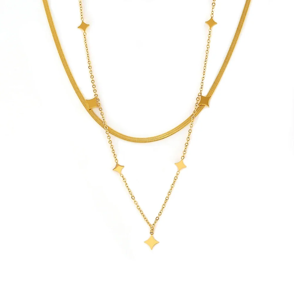 Layered Necklace with Star Stations and Snake Chain, Gold-Plated