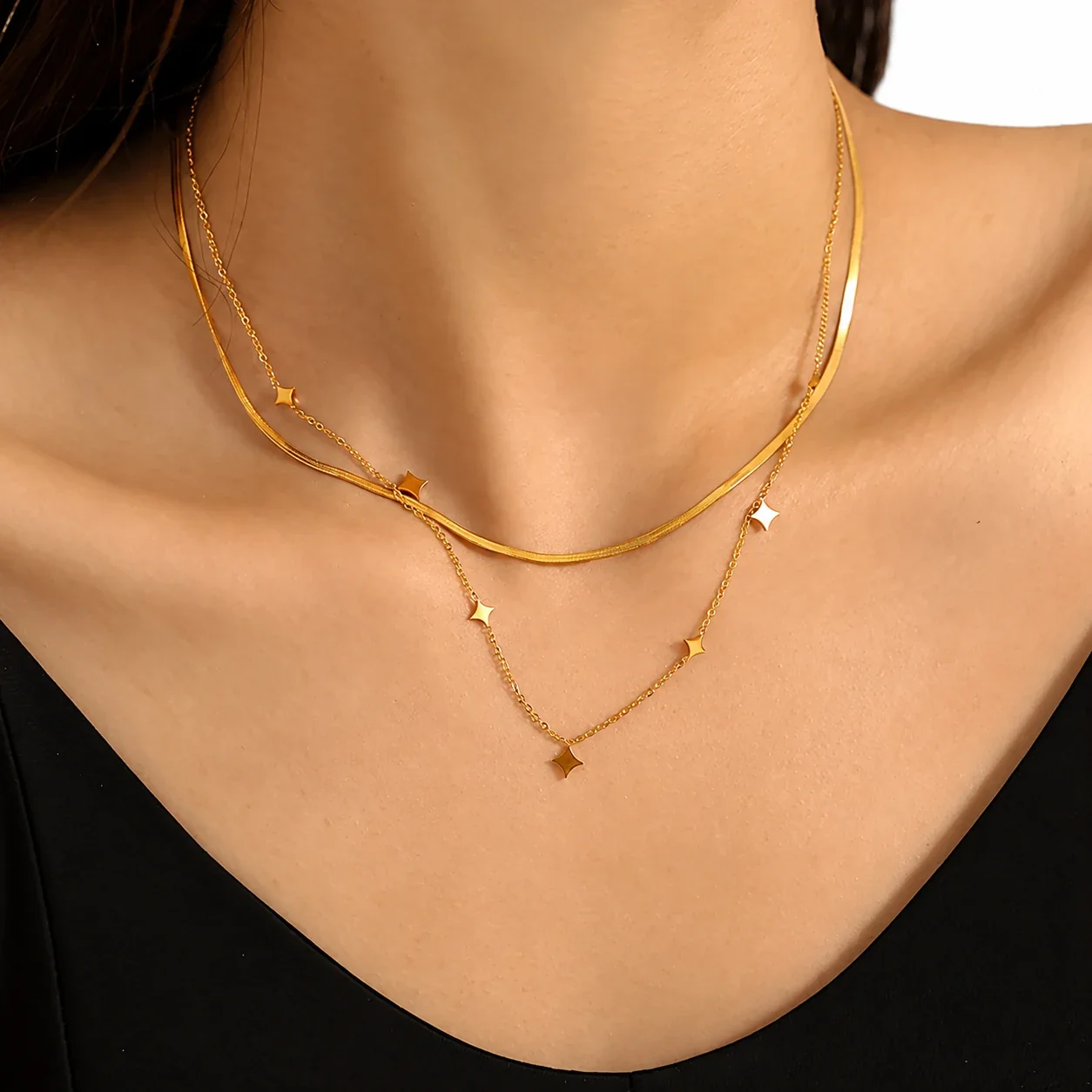 Layered Necklace with Star Stations and Snake Chain, Gold-Plated