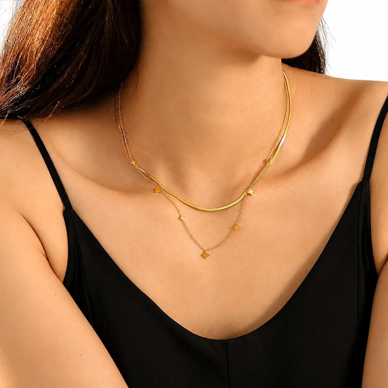 Layered Necklace with Star Stations and Snake Chain, Gold-Plated