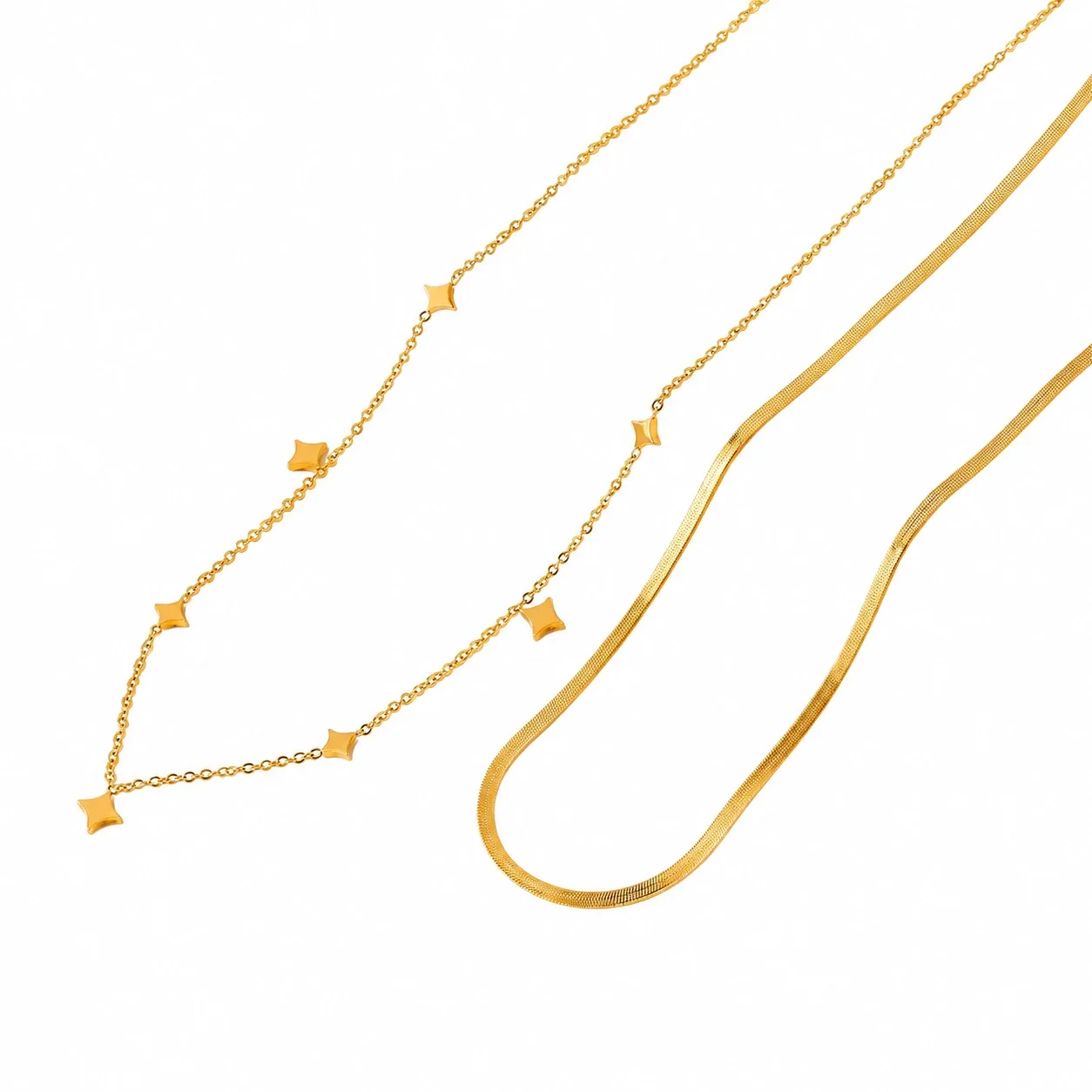 Layered Necklace with Star Stations and Snake Chain, Gold-Plated