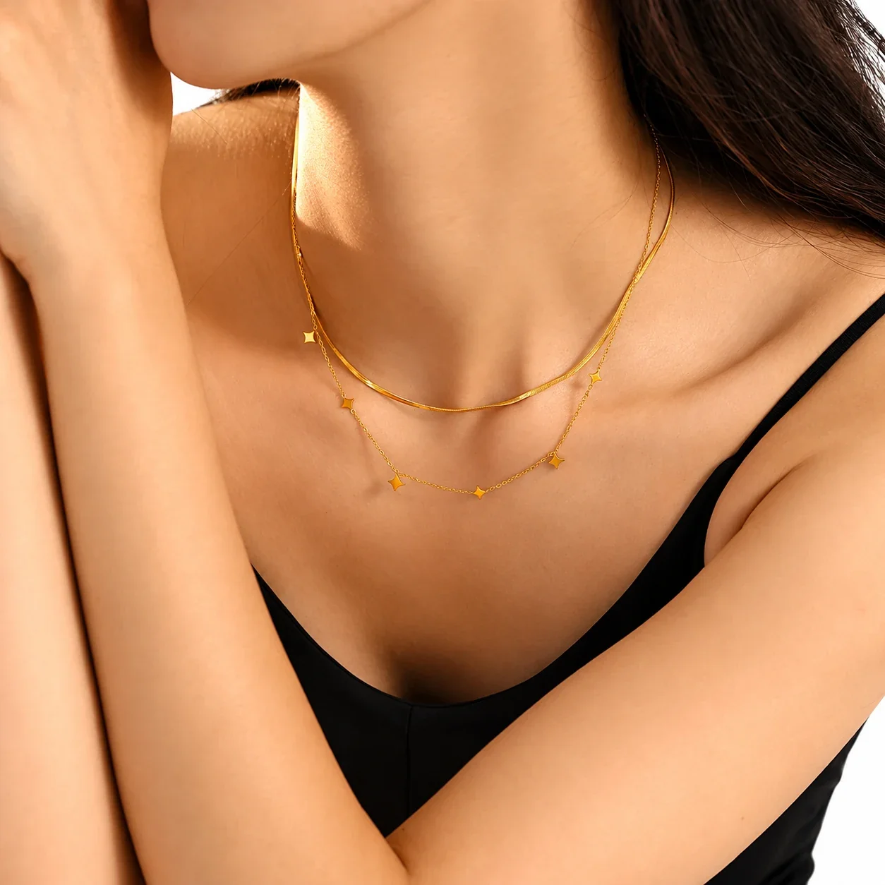 Layered Necklace with Star Stations and Snake Chain, Gold-Plated