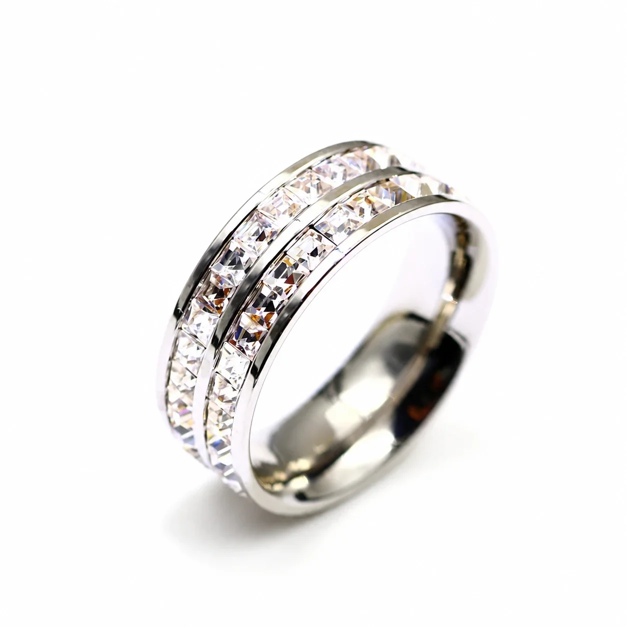 Ring Double Channel Square Crystals 18K Gold-Plated Stainless Steel - Silver