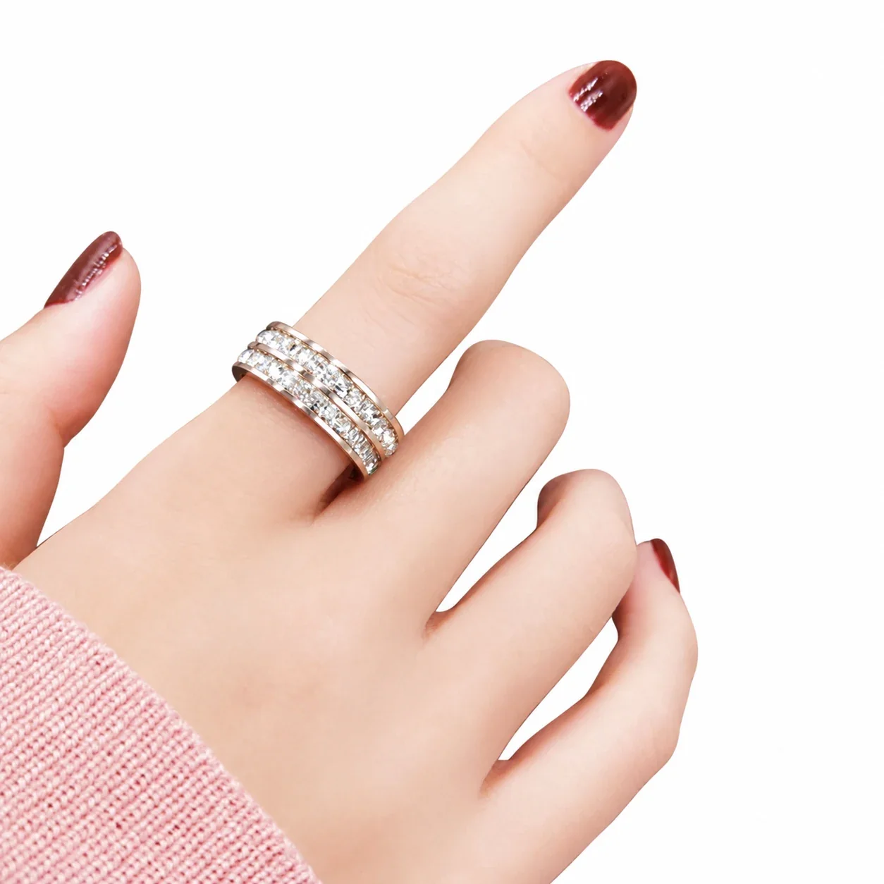 Ring Double Channel Square Crystals 18K Gold-Plated Stainless Steel - Rose Gold