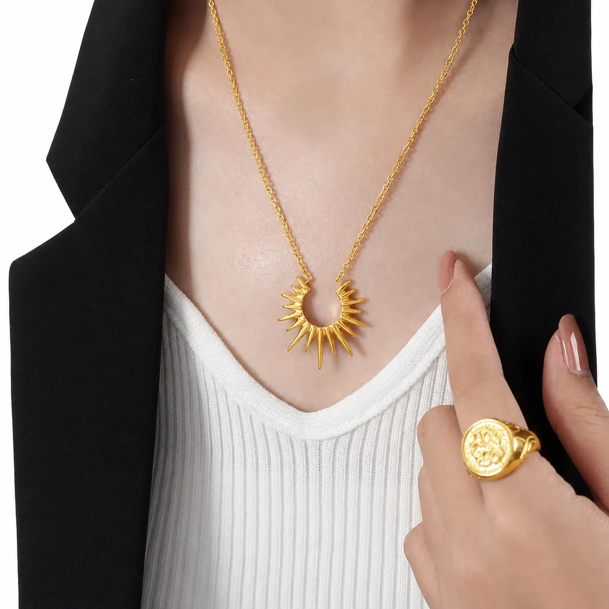 Radiant Gold PVD Spiked Sunburst Pendant Necklace