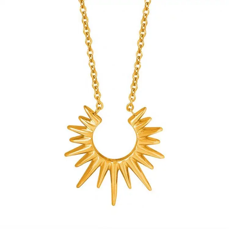 Radiant Gold PVD Spiked Sunburst Pendant Necklace - Gold
