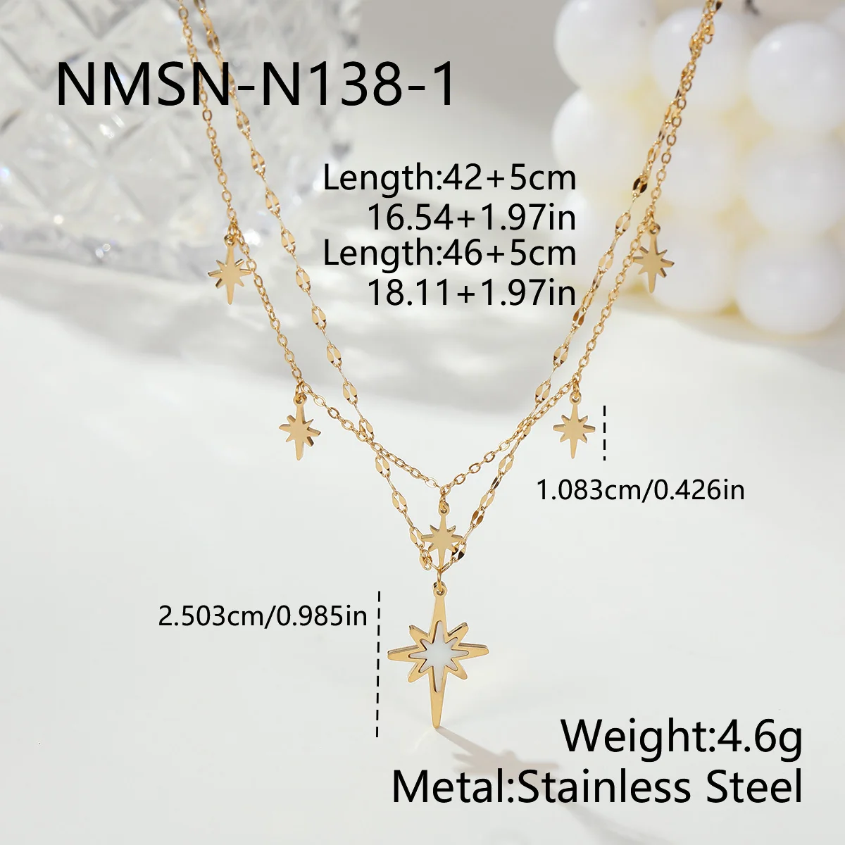 Ketting met gelaagde achtpuntige sterren, 18K verguld staal productfoto
