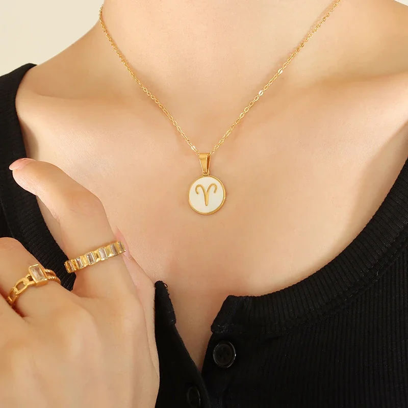 Zodiac Necklace with White Shell Disc, Gold-Plated Steel