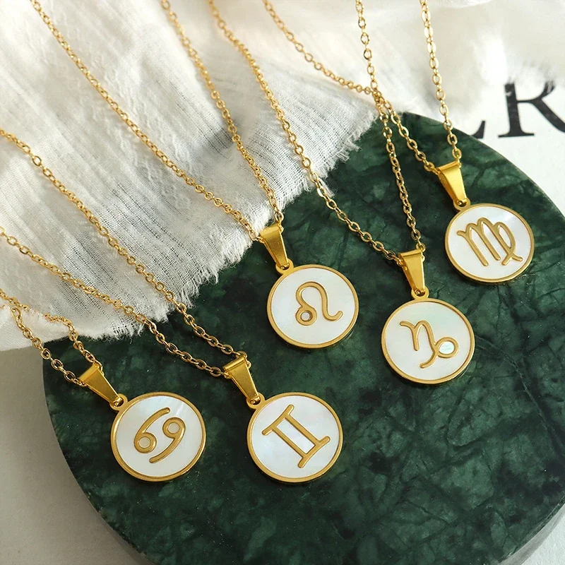 Zodiac Necklace with White Shell Disc, Gold-Plated Steel