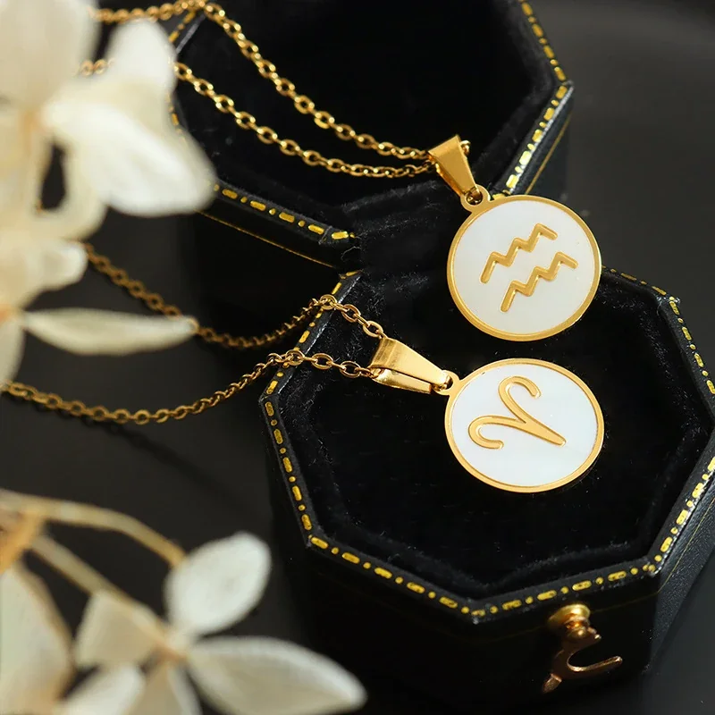 Zodiac Necklace with White Shell Disc, Gold-Plated Steel