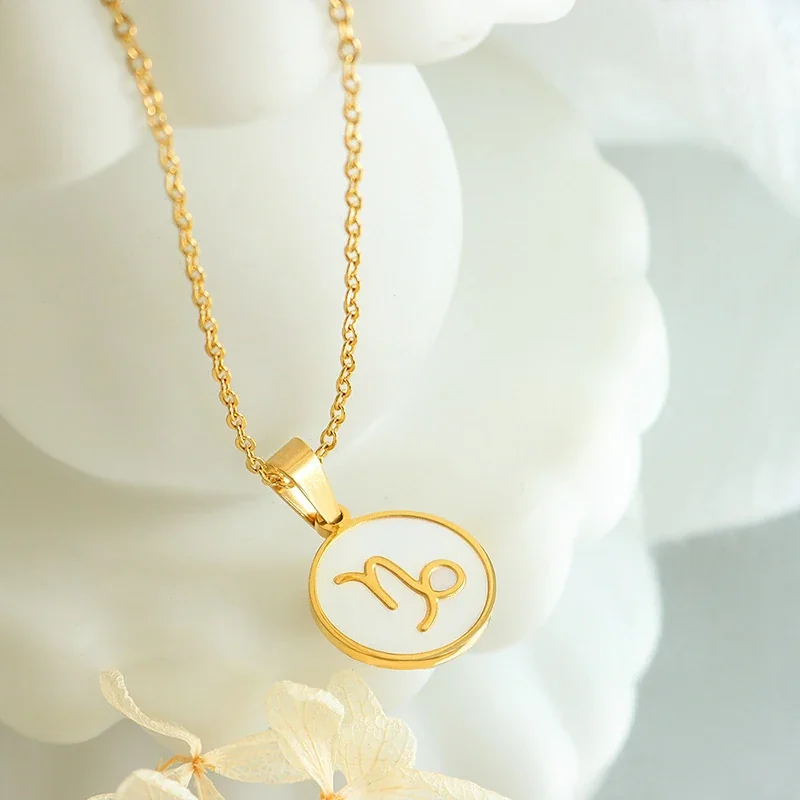 Zodiac Necklace with White Shell Disc, Gold-Plated Steel