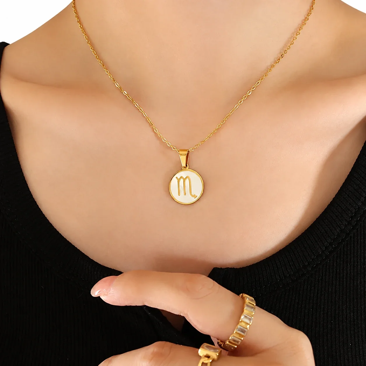 Zodiac Necklace with White Shell Disc, Gold-Plated Steel - Gold Scorpio , 40 + 5 cm