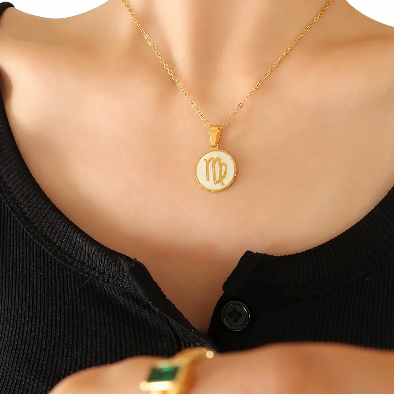 Zodiac Necklace with White Shell Disc, Gold-Plated Steel - Gold Virgo , 40 + 5 cm