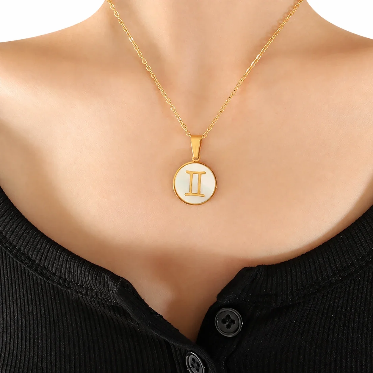 Zodiac Necklace with White Shell Disc, Gold-Plated Steel - Gold Gemini , 40 + 5 cm