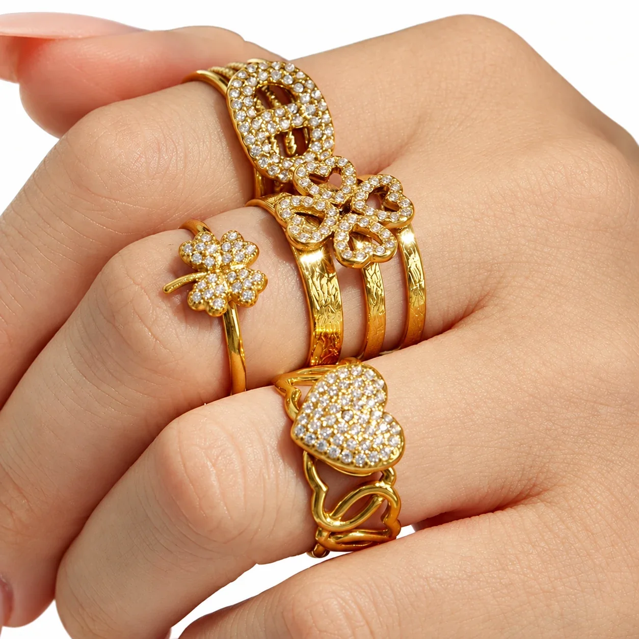 Open Ring, Pave Heart Flower Clover, 316 Stainless Steel