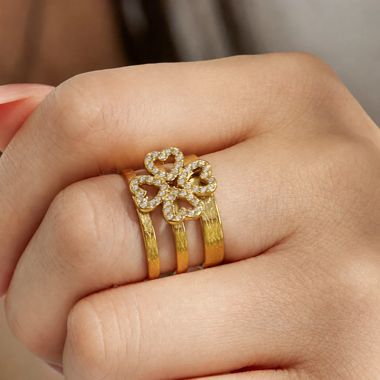 Open Ring, Pave Heart Flower Clover, 316 Stainless Steel