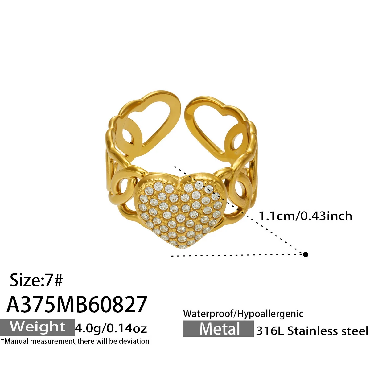 Open Ring, Pave Heart Flower Clover, 316 Stainless Steel - Dimensions