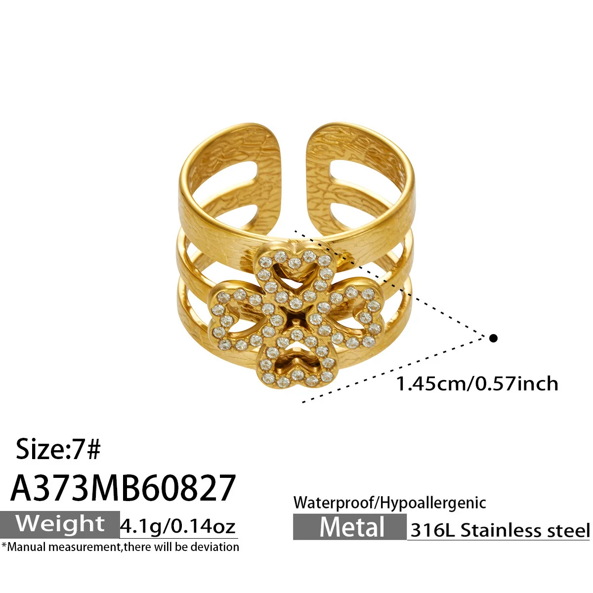 Open Ring, Pave Heart Flower Clover, 316 Stainless Steel - Dimensions