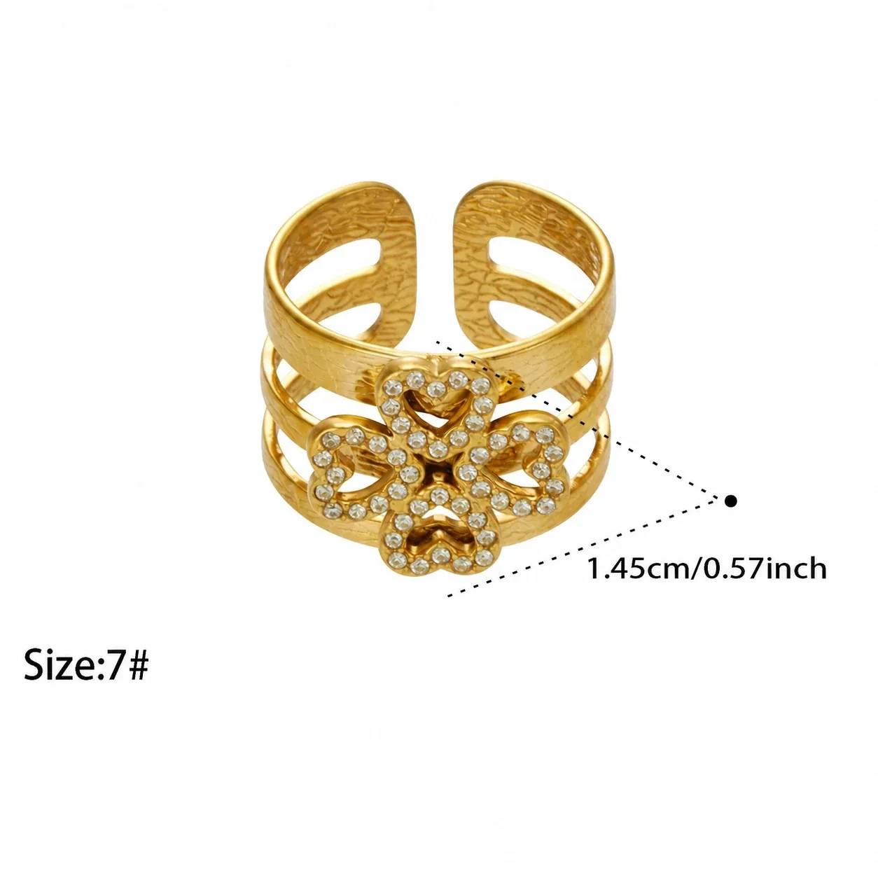 Open Ring, Pave Heart Flower Clover, 316 Stainless Steel - Flower Cubic Zirconia Gold