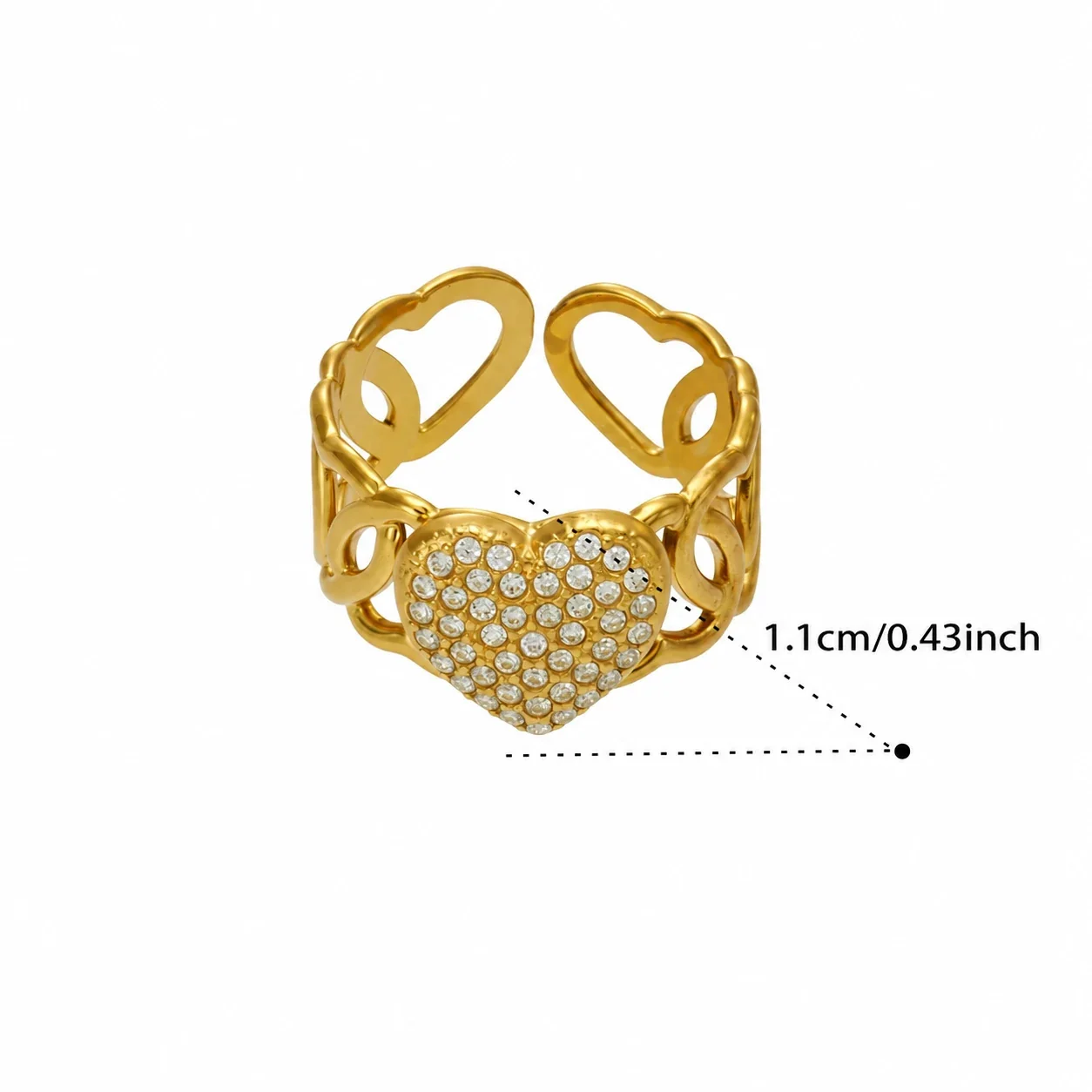 Open Ring, Pave Heart Flower Clover, 316 Stainless Steel - Heart Cubic Zirconia Gold