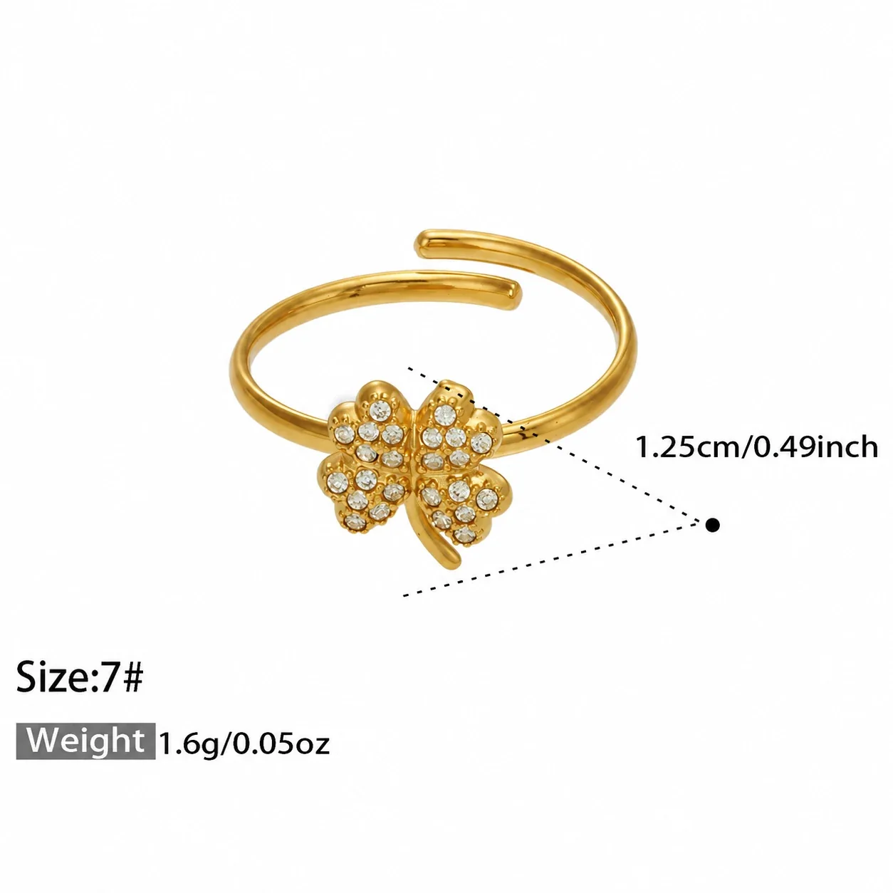 Open Ring, Pave Heart Flower Clover, 316 Stainless Steel - Lucky Clover Cubic Zirconia Gold