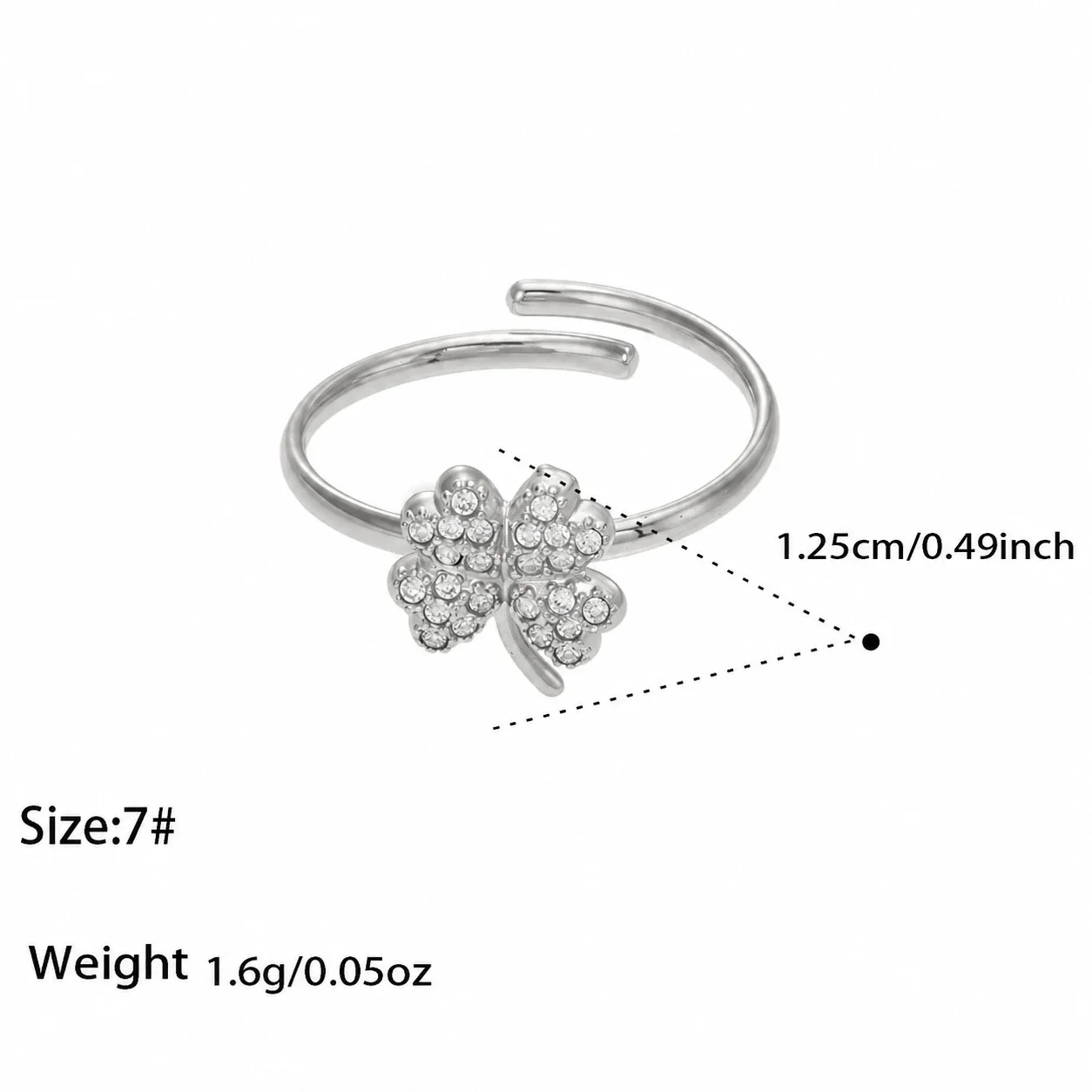 Open Ring, Pave Heart Flower Clover, 316 Stainless Steel - Lucky Clover Cubic Zirconia Silver