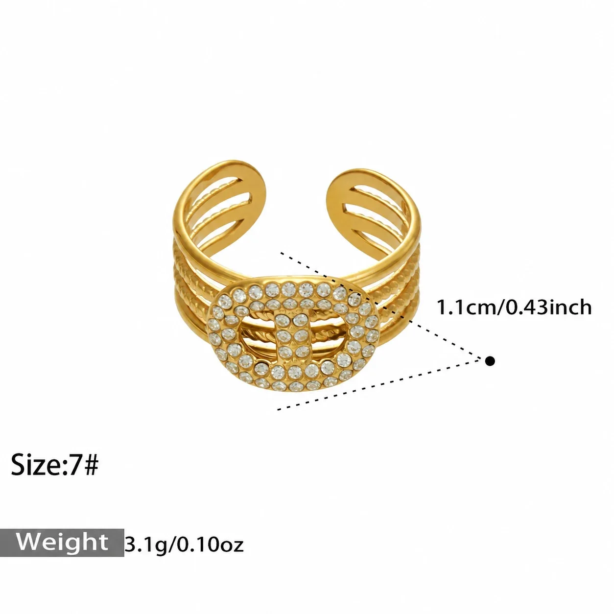 Open Ring, Pave Heart Flower Clover, 316 Stainless Steel - Pig Nose Cubic Zirconia Gold