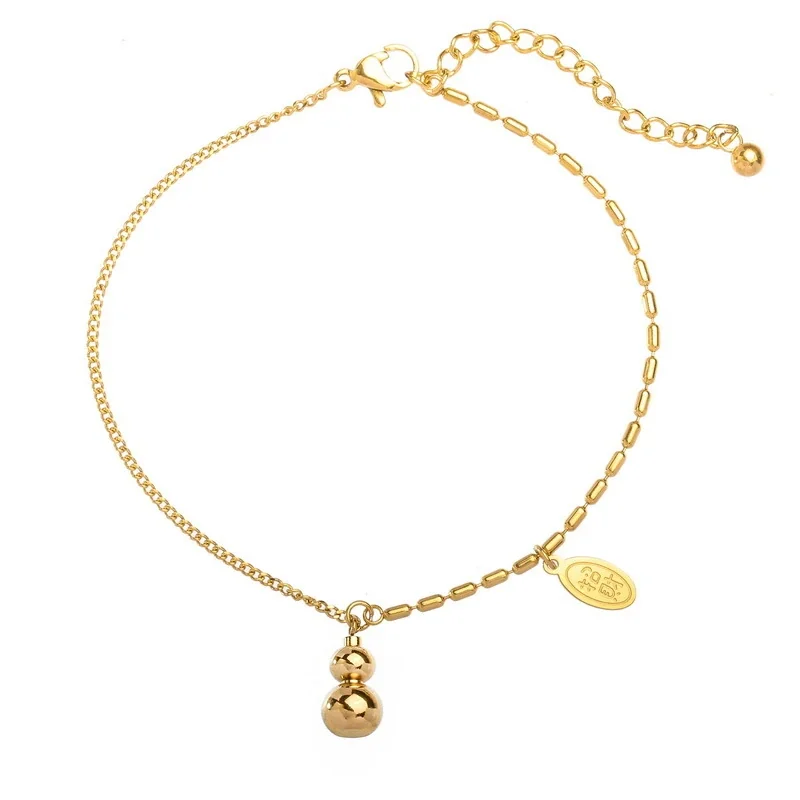 Double-Bead Fortune Tag Anklet in 18K Gold-Plated Steel