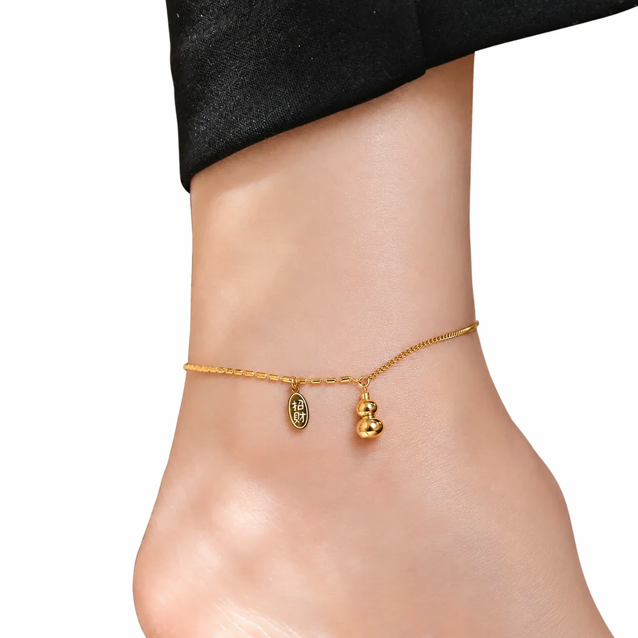Double-Bead Fortune Tag Anklet in 18K Gold-Plated Steel
