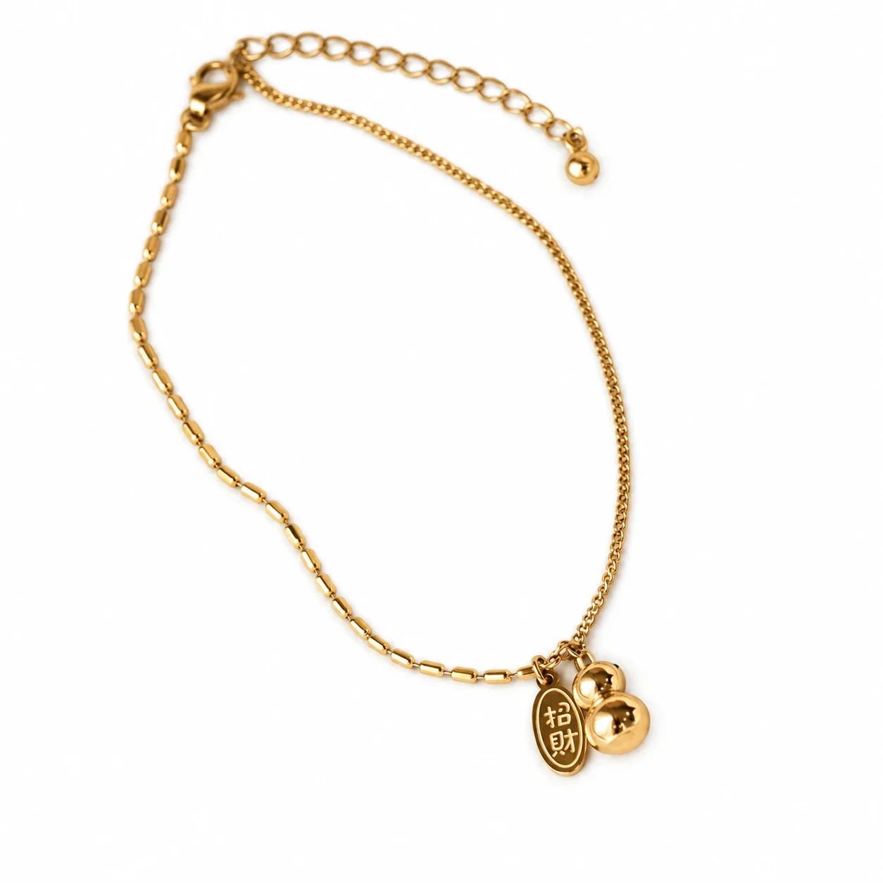 Double-Bead Fortune Tag Anklet in 18K Gold-Plated Steel