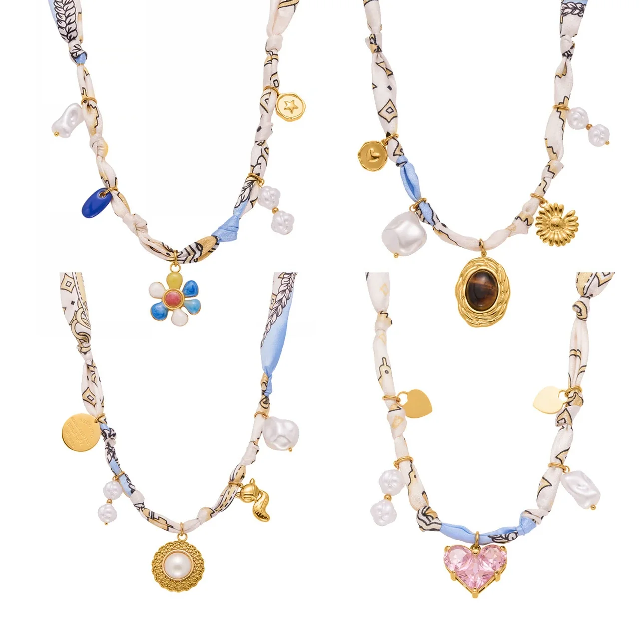 Necklace with Printed Scarf Cord and Mixed Charms, Stainless Steel