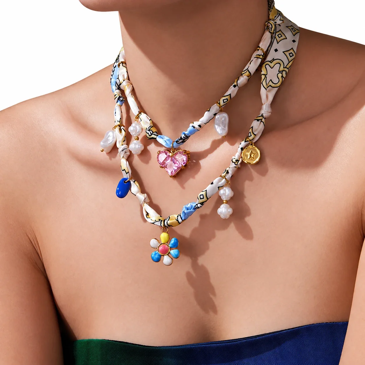 Necklace with Printed Scarf Cord and Mixed Charms, Stainless Steel