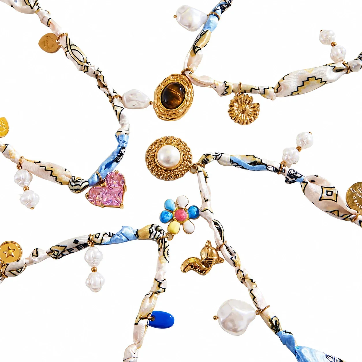 Necklace with Printed Scarf Cord and Mixed Charms, Stainless Steel