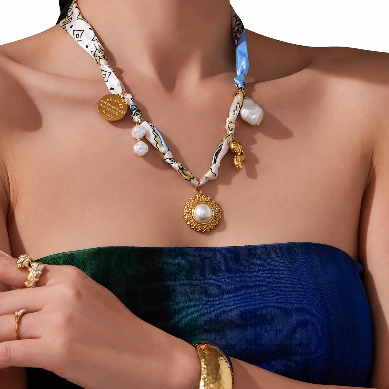 Necklace with Printed Scarf Cord and Mixed Charms, Stainless Steel