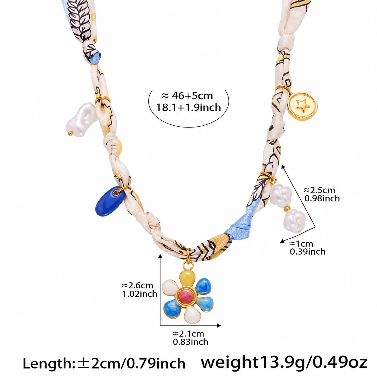 Necklace with Printed Scarf Cord and Mixed Charms, Stainless Steel - Gold